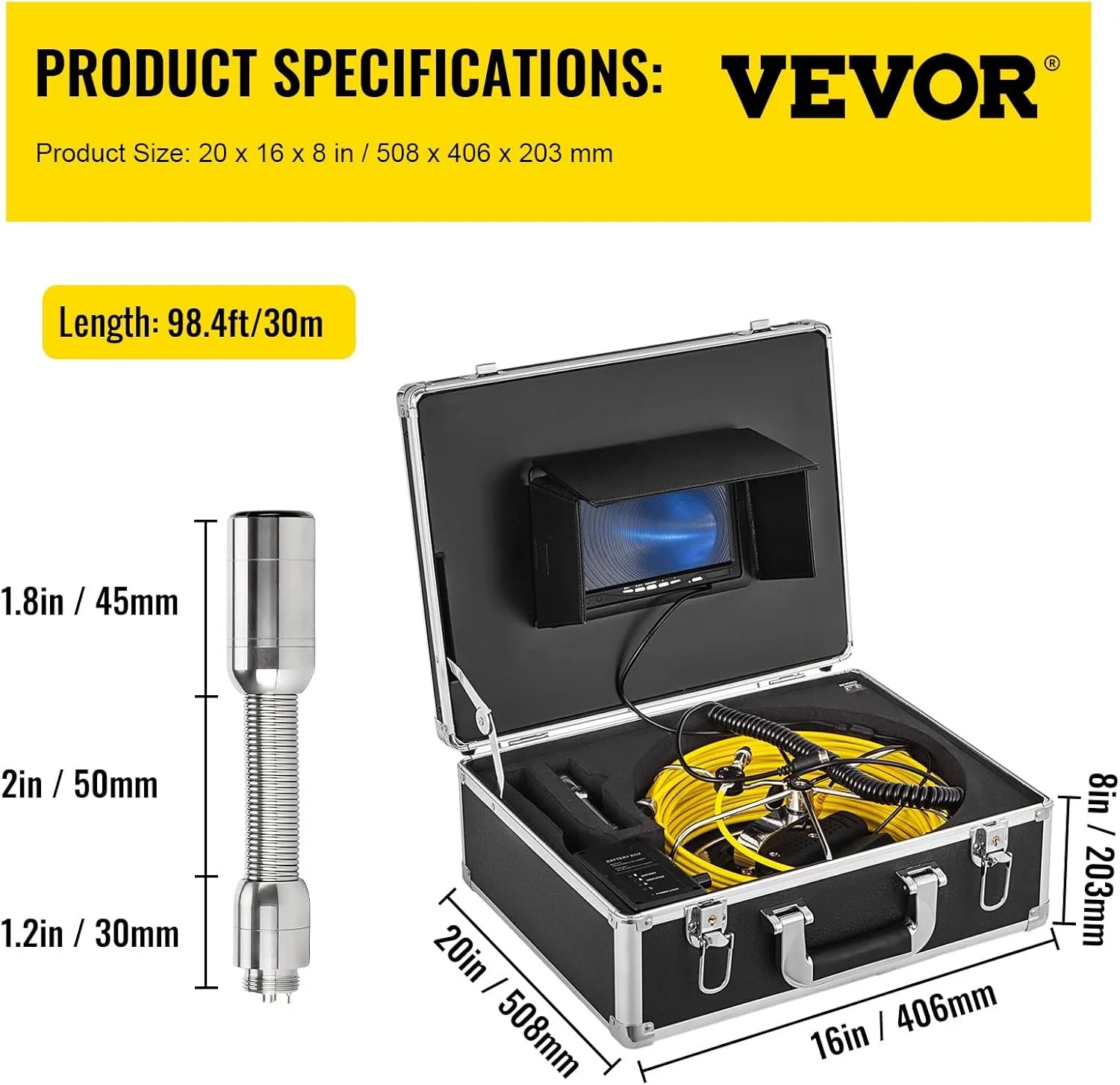Камера для інспекції каналів з монітором 7'' VEVOR 8 ГБ 30 м Жовтий, фото №6 Камера для інспекції каналів з монітором 7'' VEVOR 8 ГБ 30 м Жовтий, фото №6