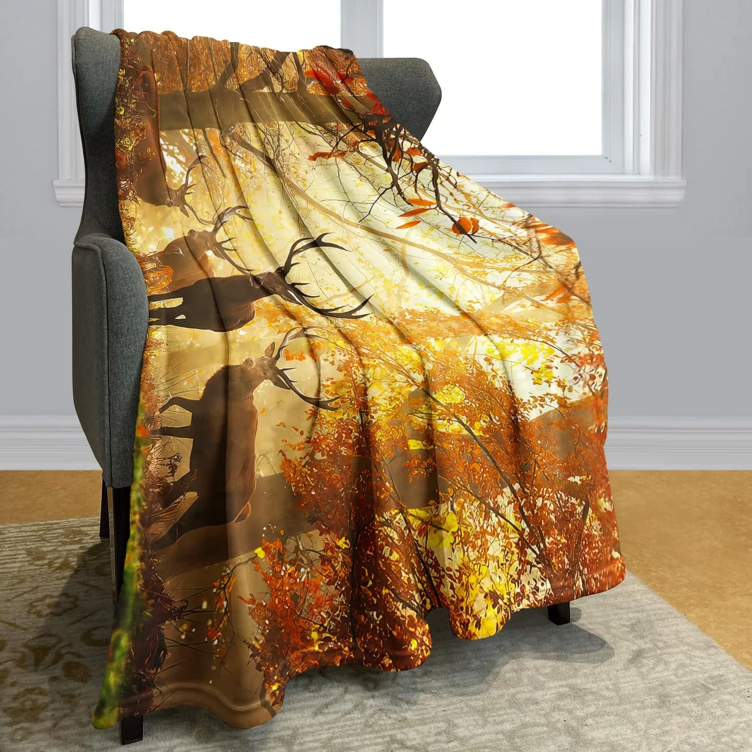 Покривало YISUMEI Фланель М'яка Флісова Покривало для ліжка 150 x 200 см Олень в осінньому лісі, фото №2