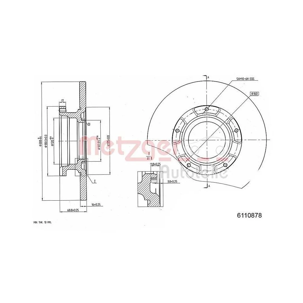 Гальмівний диск METZGER 6110878 для FORD задня вісь, фото №1