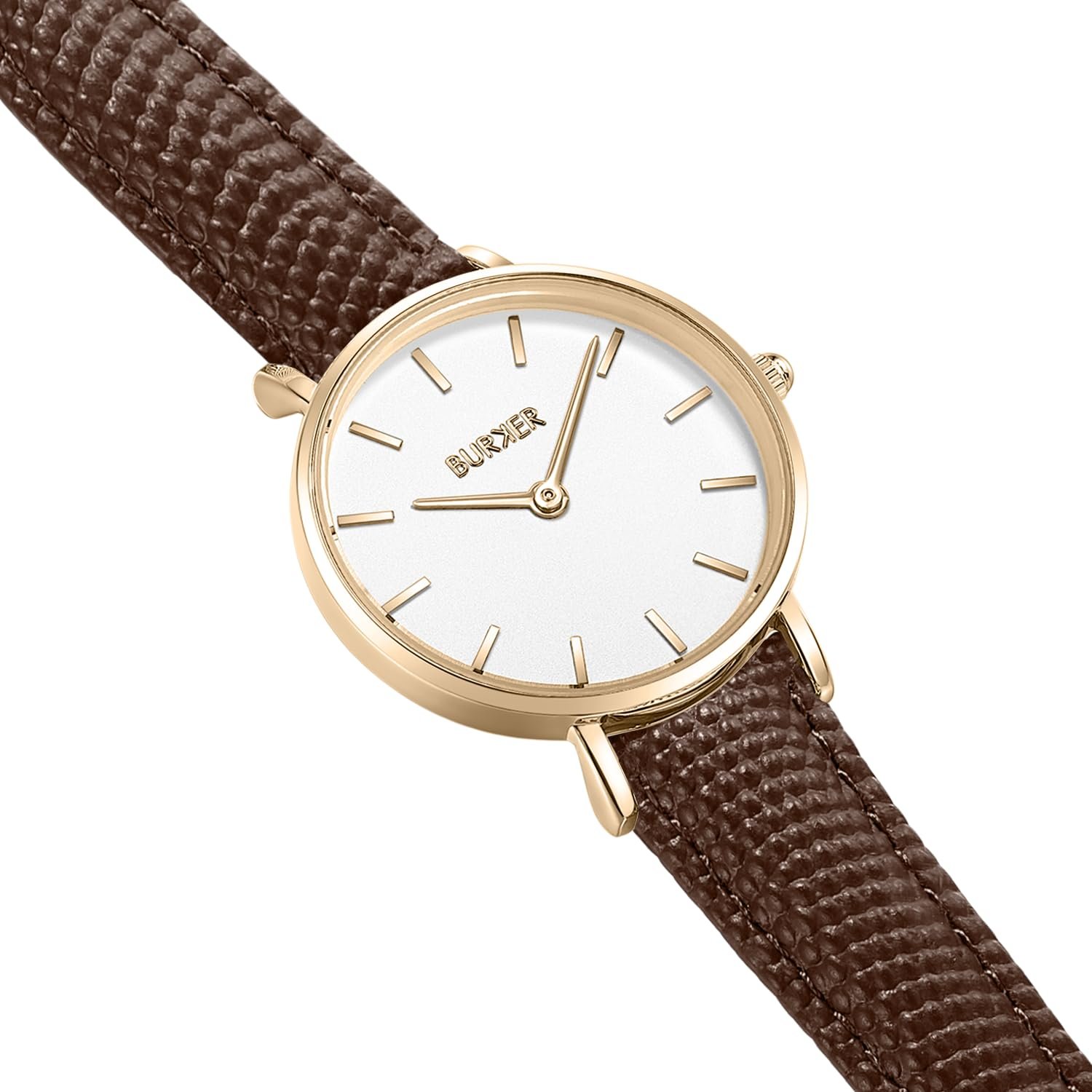 Женские часы BURKER Ruby Petite, круглые женские часы, классические аналоговые, водонепроницаемые 3 ATM, кожаный ремешок, золото-коричневый, 28 мм, золото-коричневый - кожа, браслет, фото №3