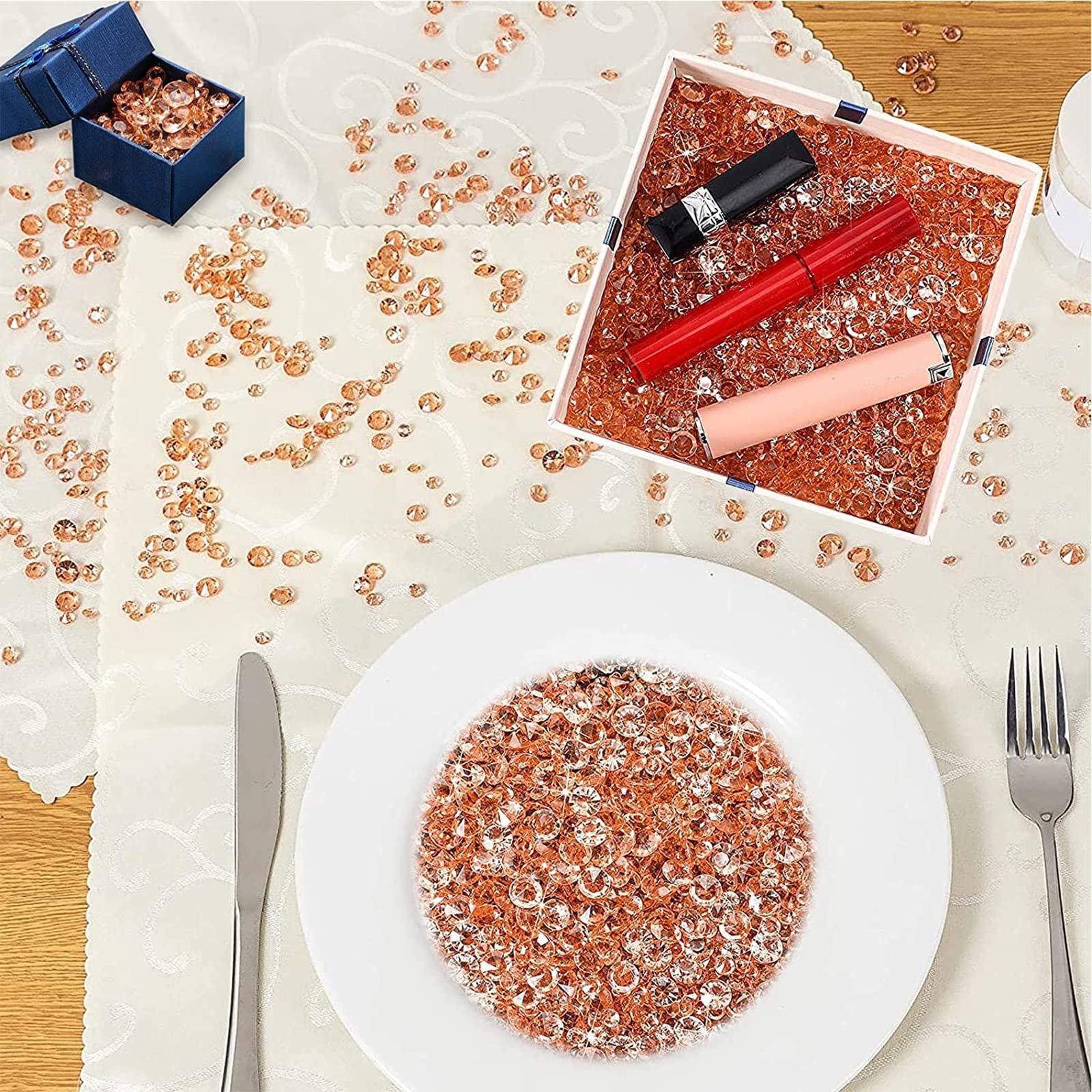 Стразы Акриловые кристаллы с острой основой 3 размеров 4000 шт. для свадебного декора, маникюра, заполнения косметички, украшения макияжа, декорирования рабочего стола (розовое золото), фото №4