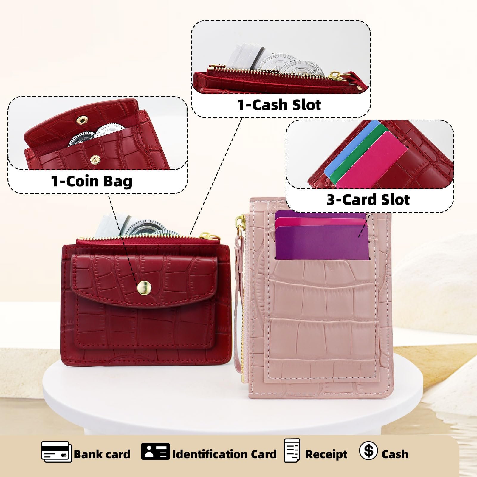 Кошелек MultiValue Slim Card Case, Кожаный картхолдер с отделением для монет, Карточный кошелек подходит для переднего кармана, Кошелек на молнии для женщин с карманом на кнопке, темно-красный, Modern, фото №3