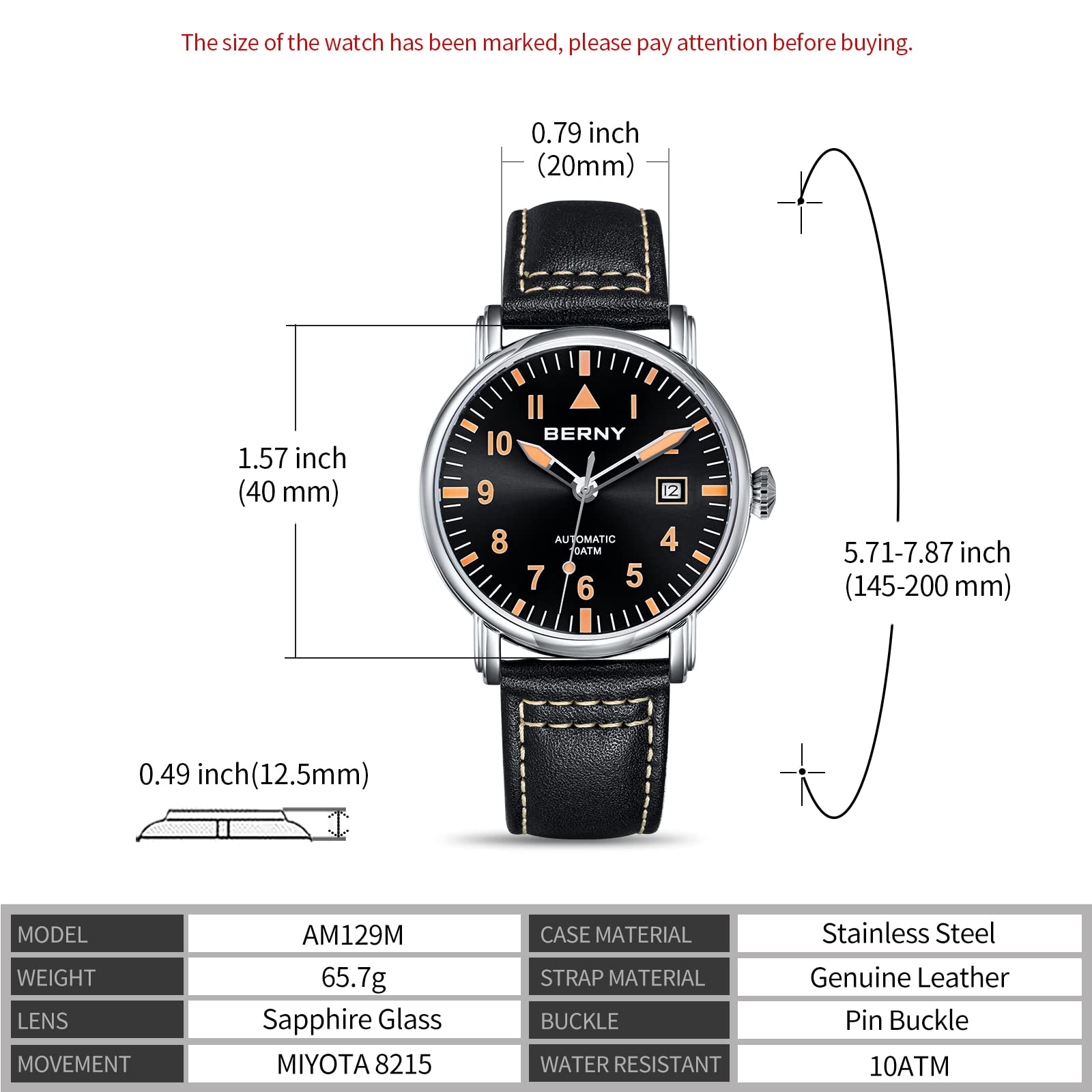 Часы BERNY Механический Автоматический Мужской Самозавод Кожаный Ремешок Классический Авиатор Водонепроницаемый 10АТМ Сапфировое Стекло Устойчивый к Царапинам Супер Люминесцентный, фото №5