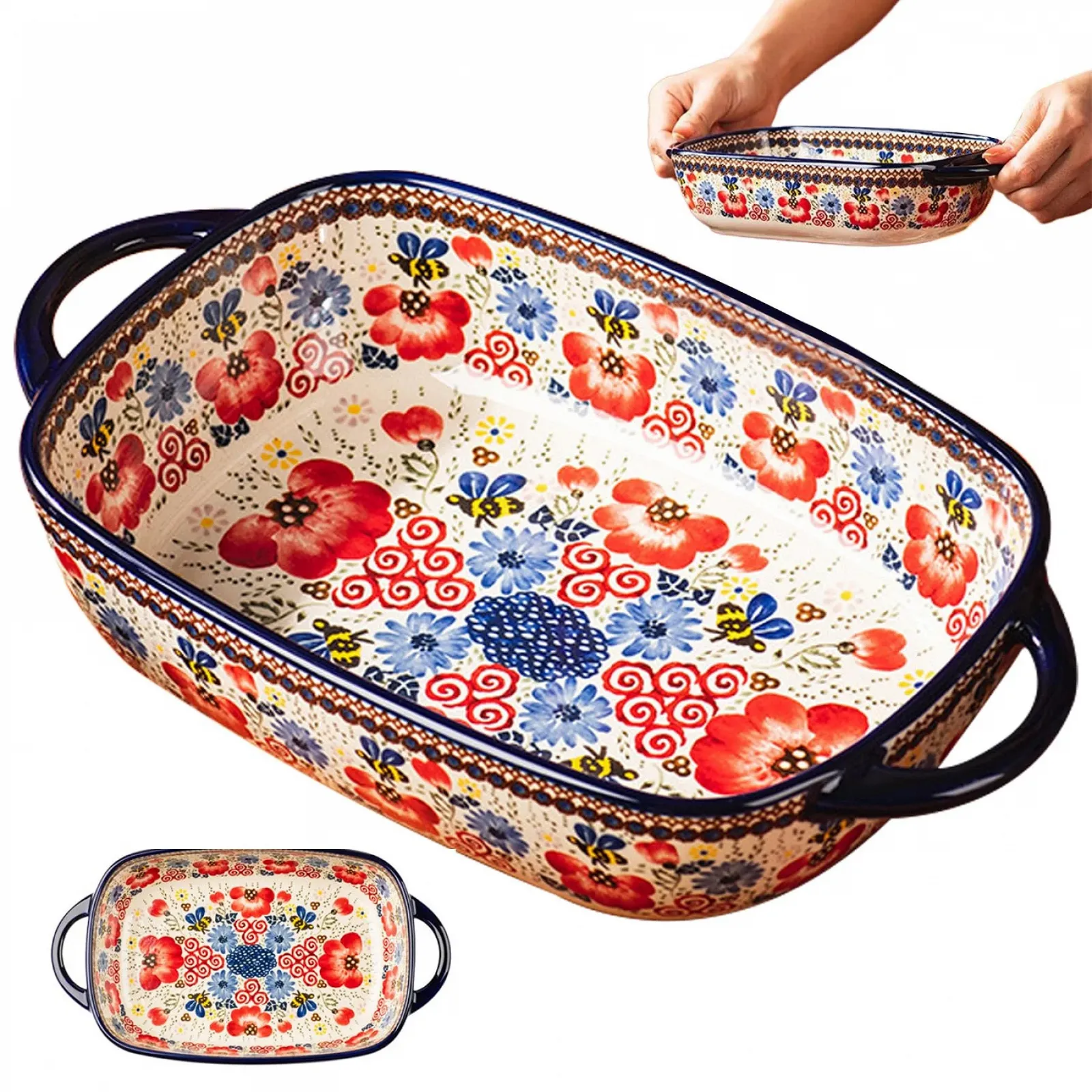 Форма для запекания керамическая термостойкая с двумя ручками цветочный принт 730 мл, фото №2