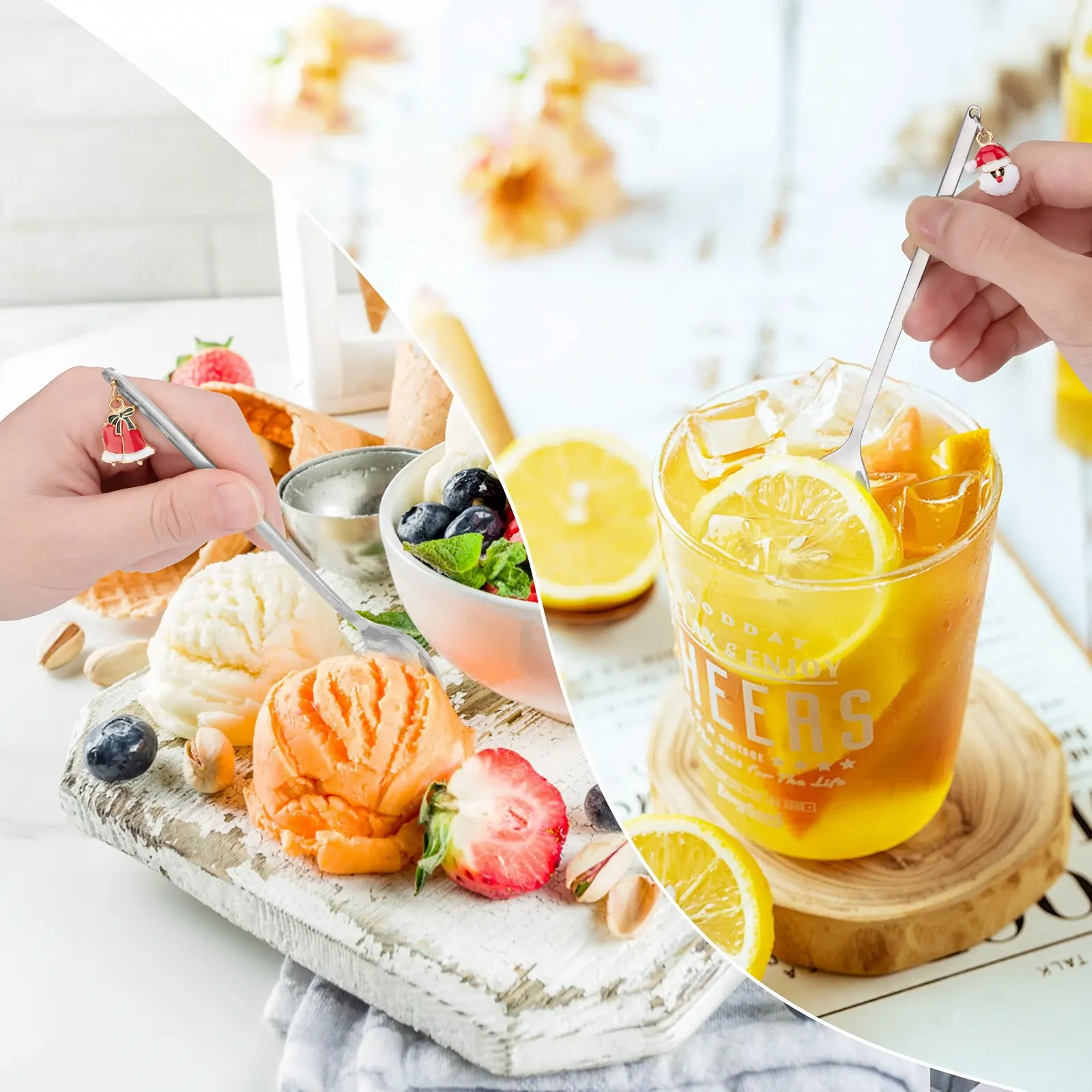 Рождественская ложка Рождественская кофейная ложка из нержавеющей стали Десертная ложка Чайная ложка с рождественским кулоном Набор рождественских ложек Подарочная коробка Упаковка 6 штук (Серебряная), фото №3