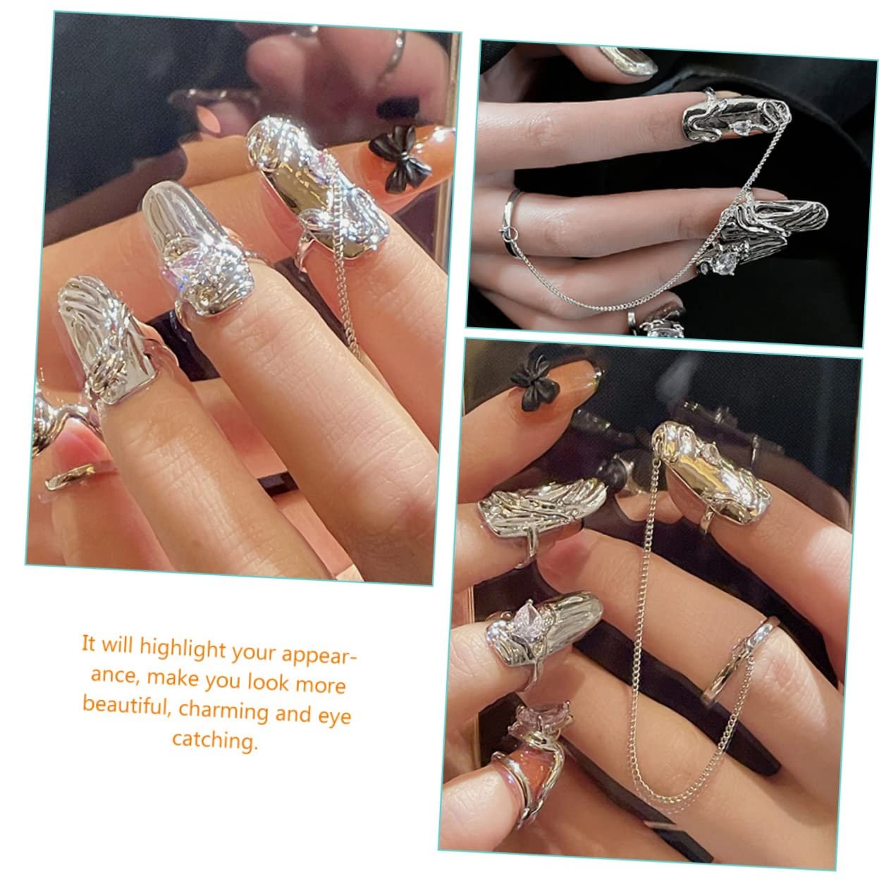 Кольца для ногтей Minkissy, 16 шт., открытые, регулируемые, кристальные, для женщин и девушек, элегантные украшения для уникального дизайна ногтей и особых случаев, фото №7 Кольца для ногтей Minkissy, 16 шт., открытые, регулируемые, кристальные, для женщин и девушек, элегантные украшения для уникального дизайна ногтей и особых случаев, фото №7