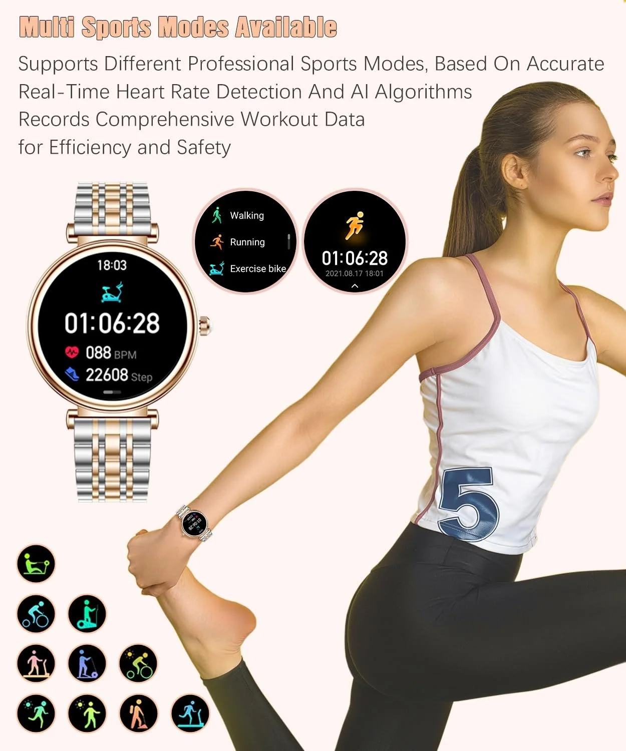 Смарт-часы женские RollsTimi 1.27-дюймовый цветной экран, монитор сердечного ритма и сна, водонепроницаемый, для фитнеса, золотой (двухцветный), фото №7