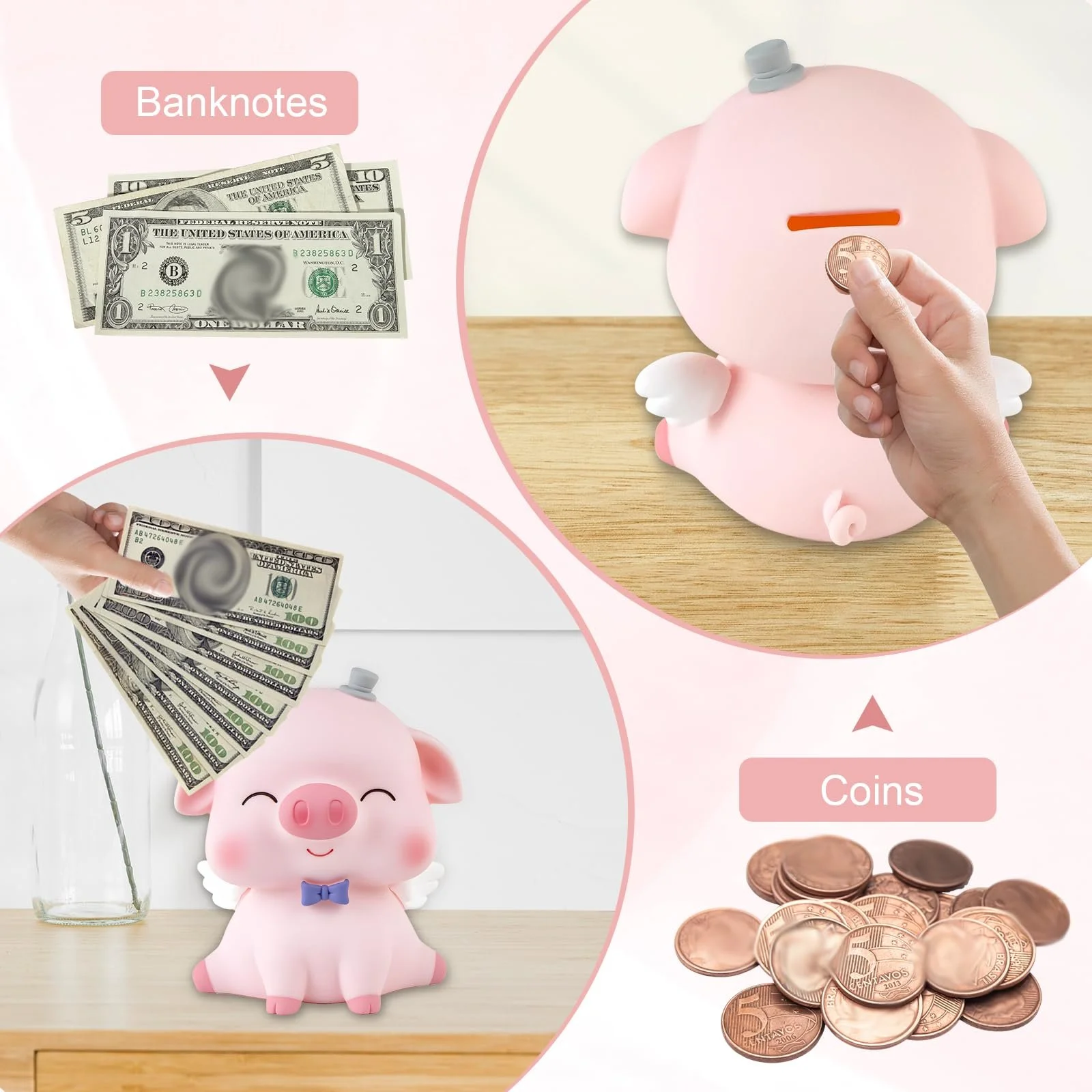 Скарбничка дитяча у формі поросяти з великим слотом рожева, фото №5