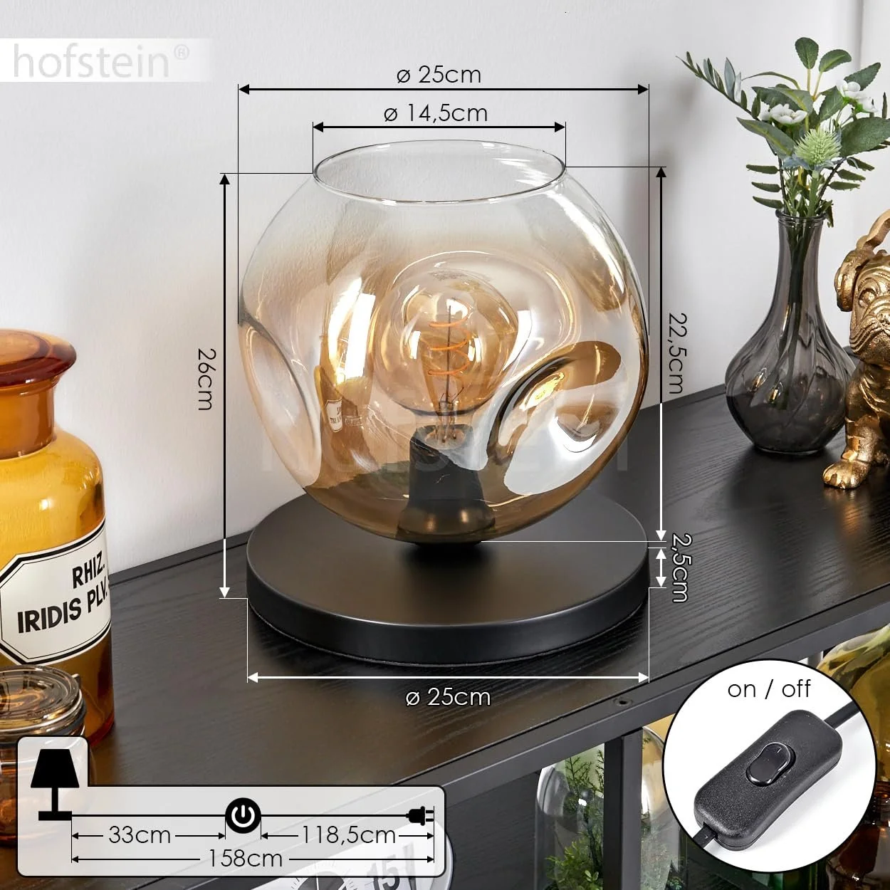 Настільна лампа Ripoll Метал/Скло 25 см 1 x E27 Чорний/Бурштиновий/Прозорий, фото №5