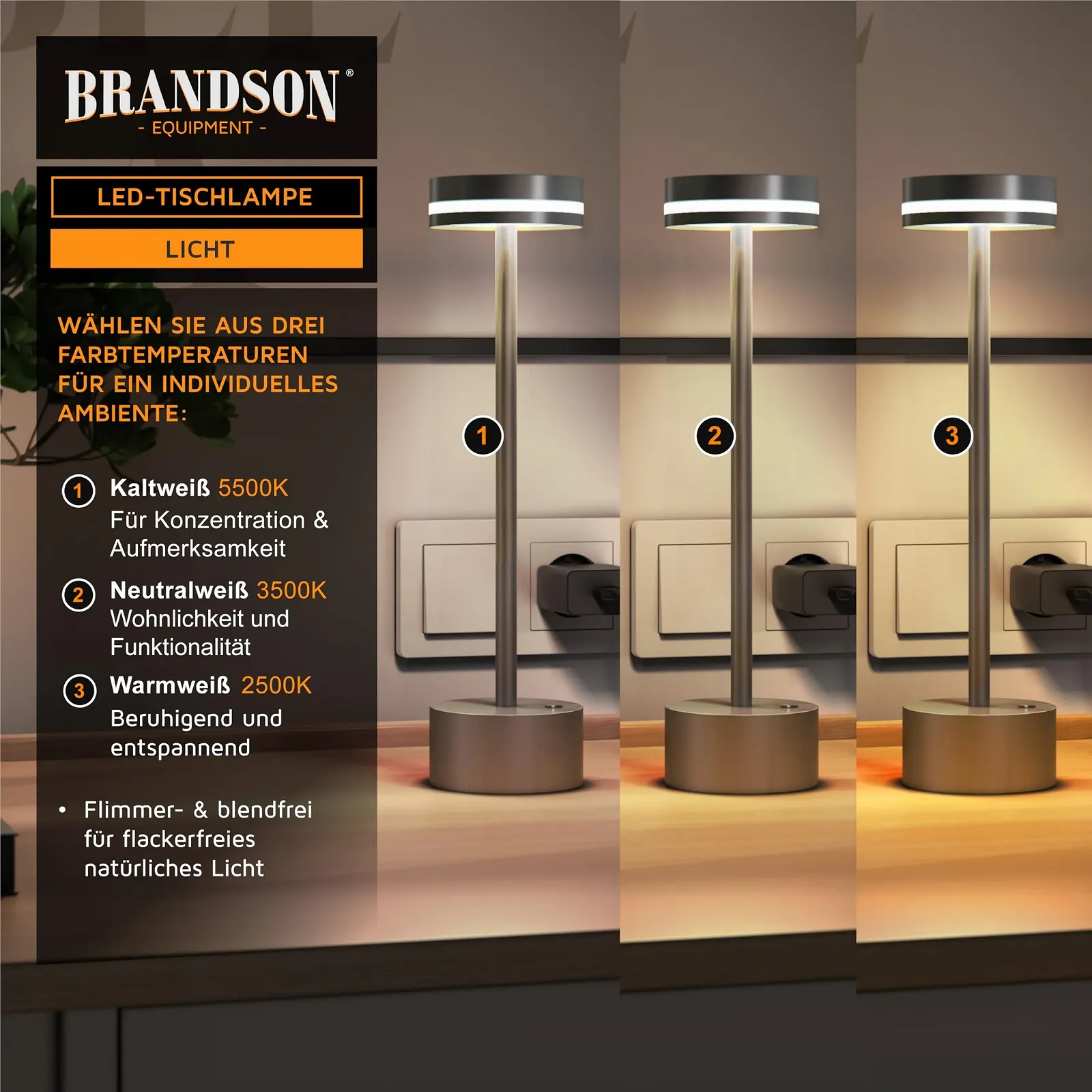 Настільна лампа світлодіодна Brandson бездротова з димуванням 3 режими освітлення акумулятор 3600 мАг 28 SMD LED компактна, фото №3